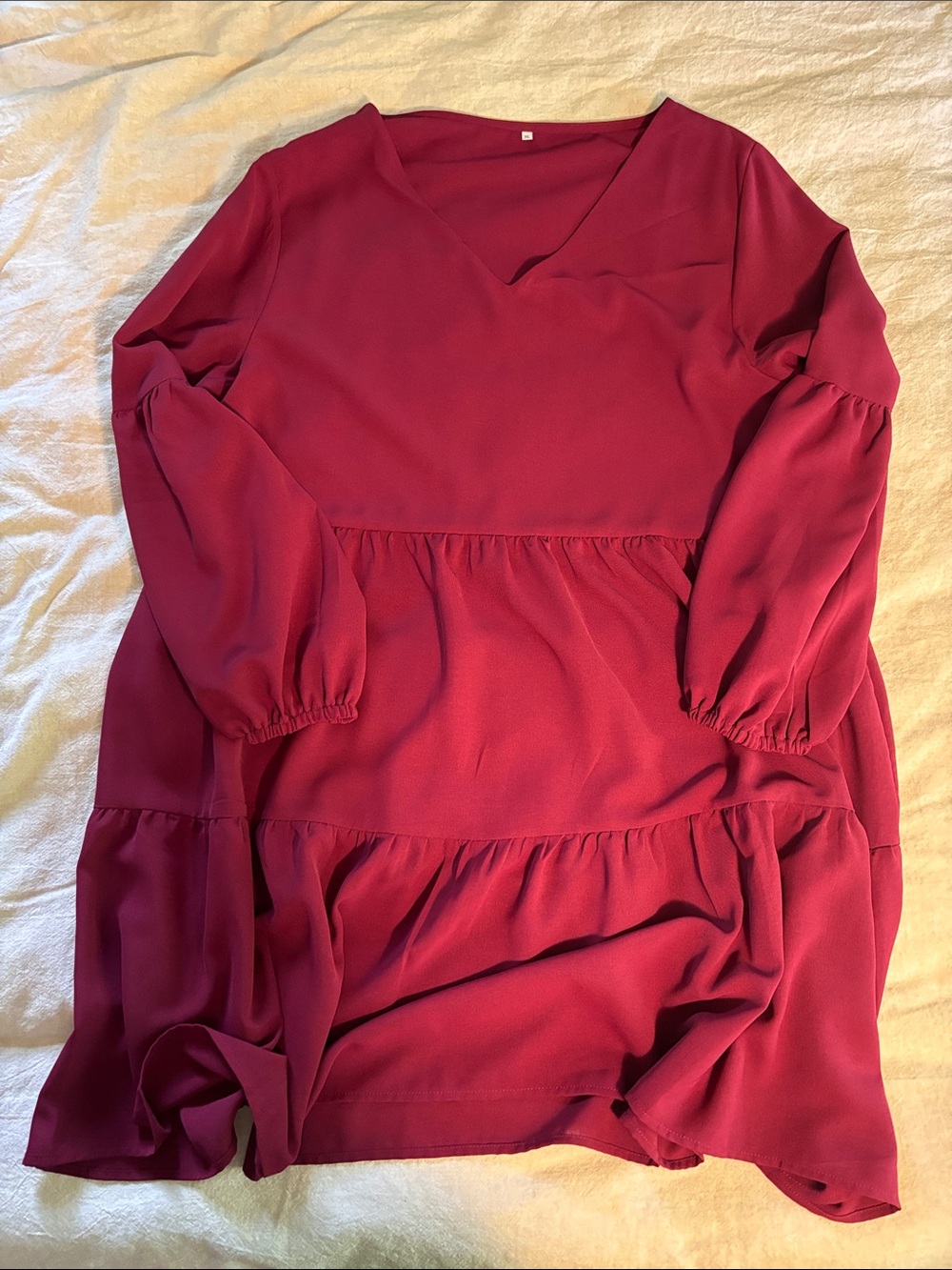 Burgundy Tiered V-Neck Babydoll Dress